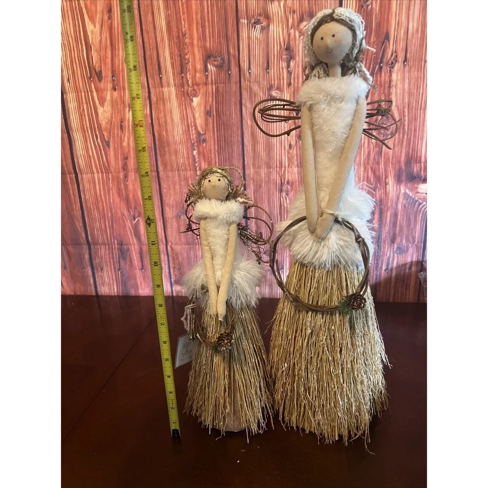 2 Silver Tree Holiday‎ FABRIC ANGELS WITH WREATH  Natural Bamboo Hand Made